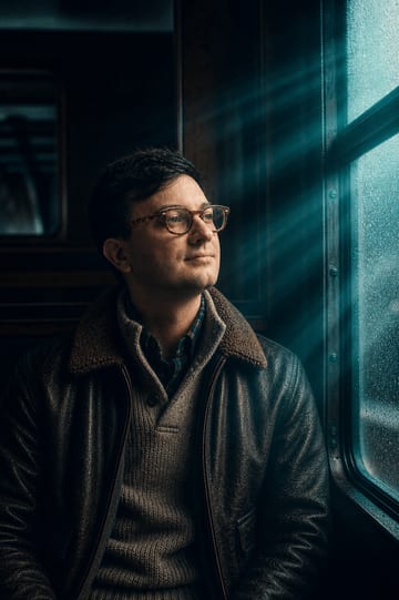 Matt looking out of a train window